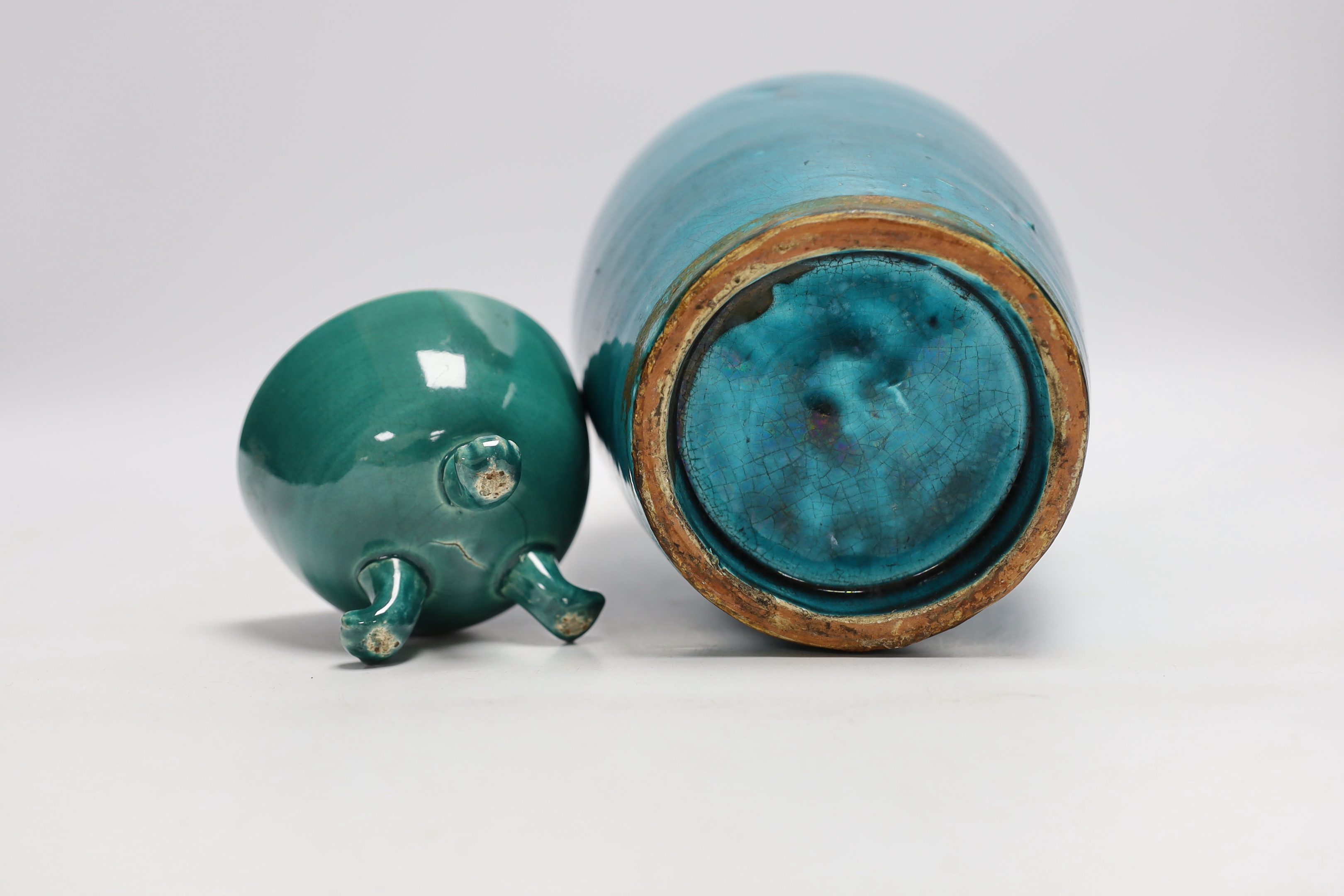 A turquoise glazed three footed bowl and jug and a small Chinese famille rose jug, largest 25cm high